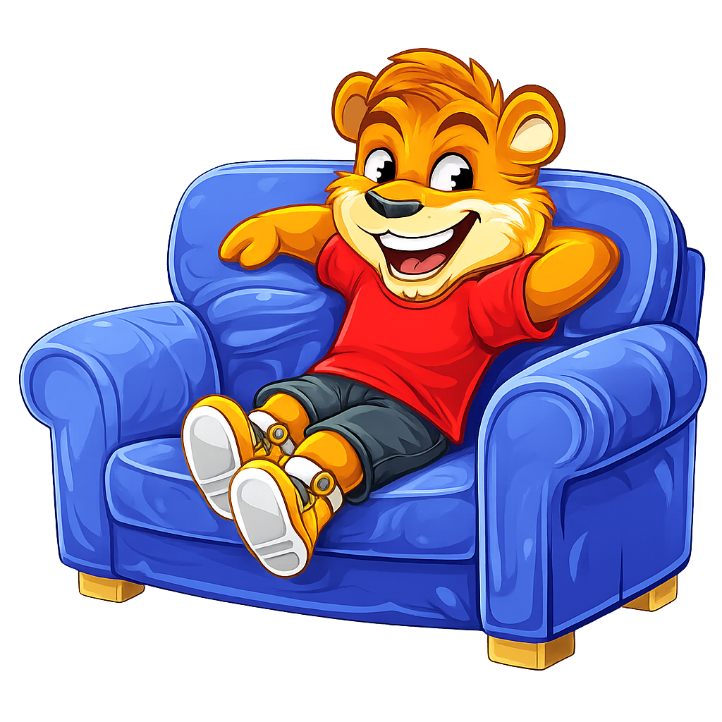 Lion mascotte se relaxant confortablement sur un canapé